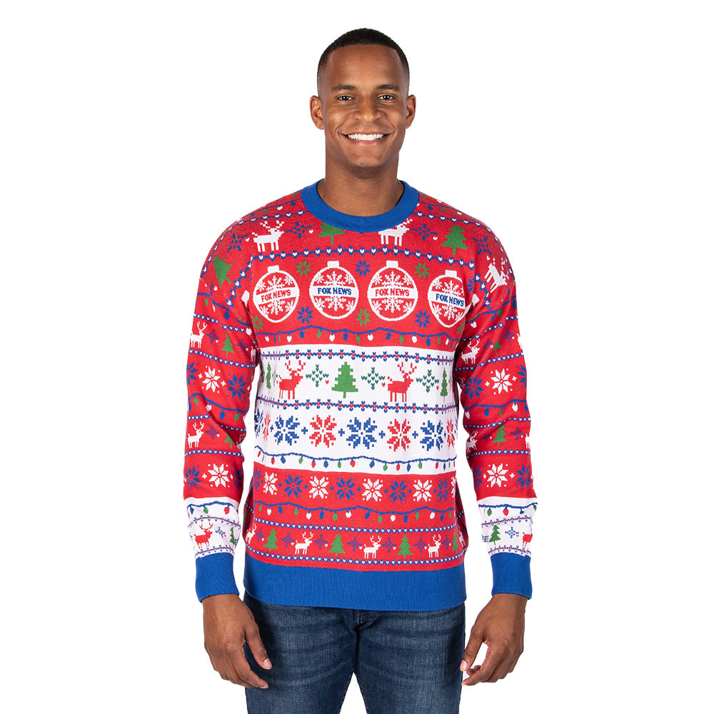 Close-up shot of the FOX News Knit Holiday Sweater highlighting the crisp knit weave and festive seasonal pattern.