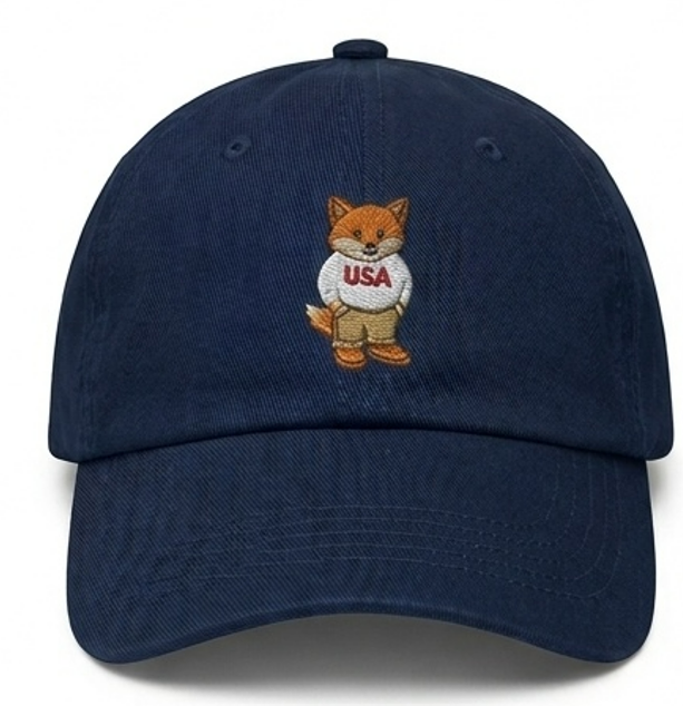 Front view of the FOX News USA classic navy baseball cap featuring crisp patriotic embroidery across the crown in a clean suburban living room setting