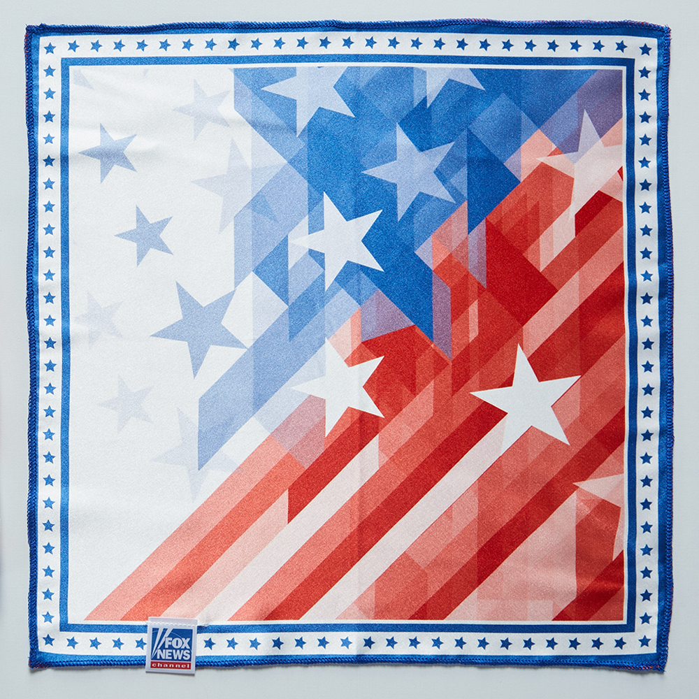 Close up of the FOX News American Flag Pocket Square showing the detailed stars and stripes graphic and high-quality fabric.