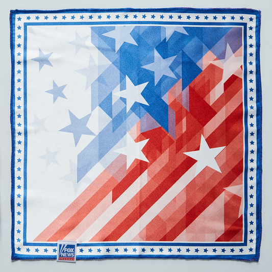 Close up of the FOX News American Flag Pocket Square showing the detailed stars and stripes graphic and high-quality fabric.