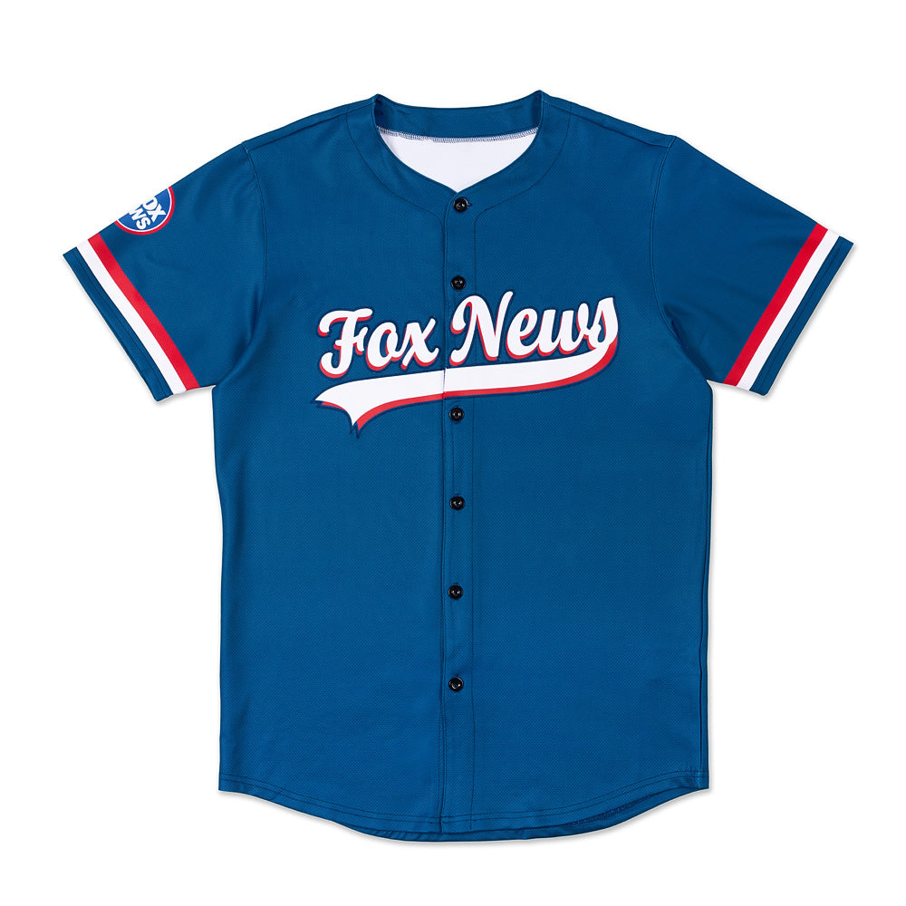 A crisp blue FOX News Sports Baseball Jersey with a button-down front, shown in a bright American home setting.