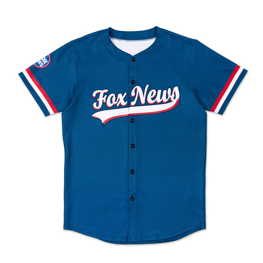 A crisp blue FOX News Sports Baseball Jersey with a button-down front, shown in a bright American home setting.