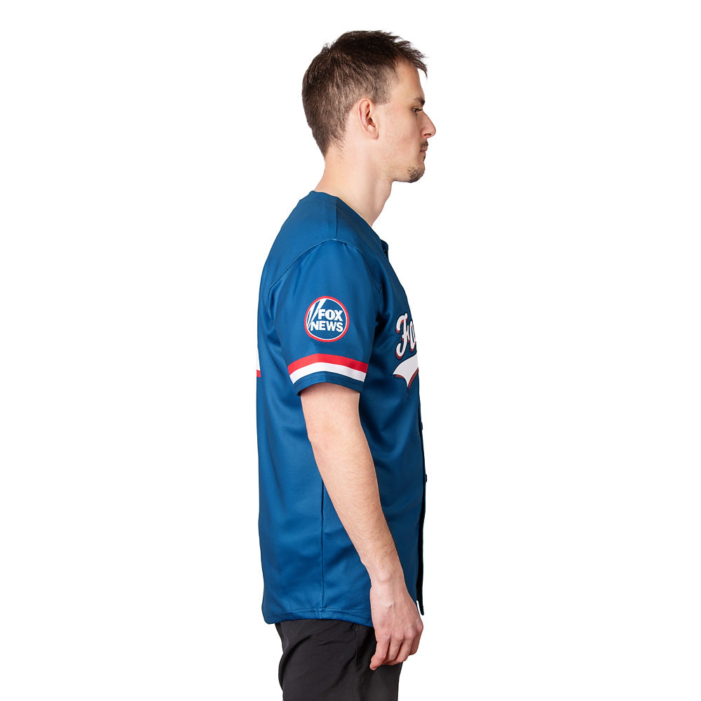 Back view of the blue baseball jersey showing the clean and sharp design.