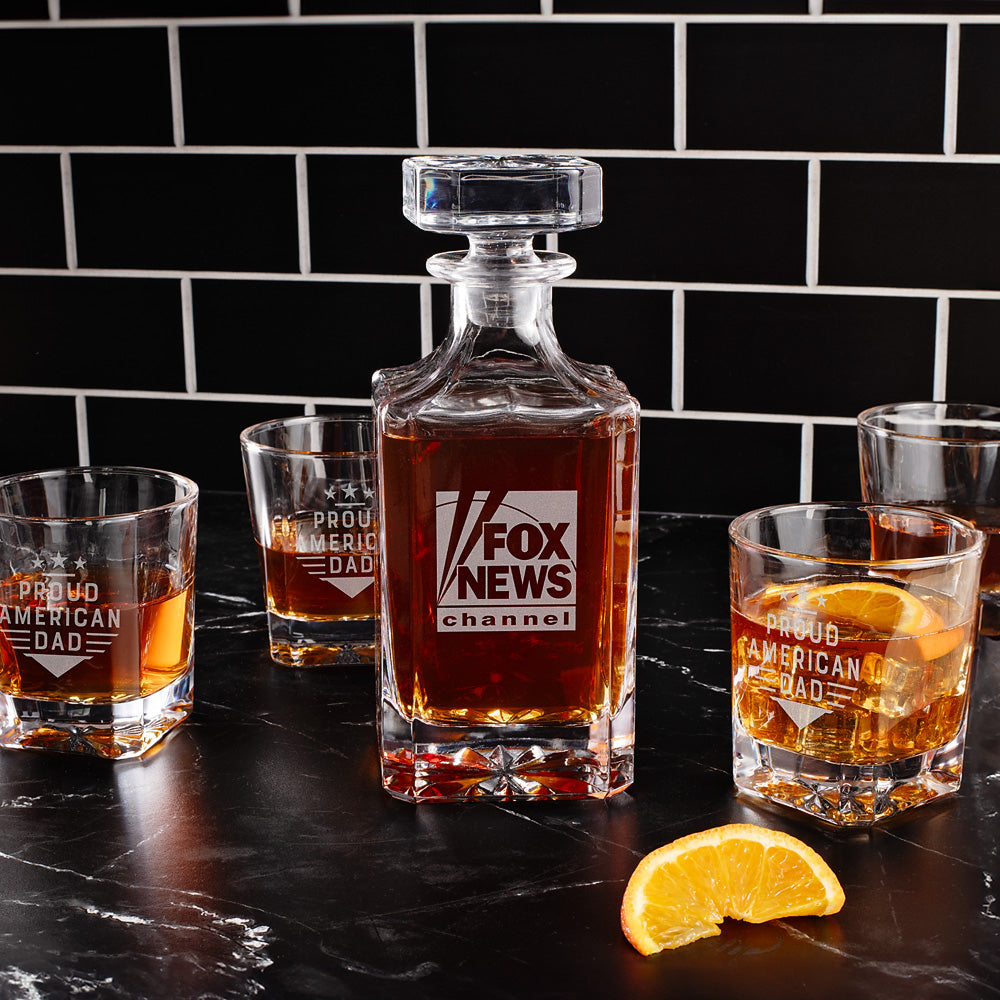 The *FOX News* decanter set displayed prominently on a shelf alongside patriotic decor in a modern American home.