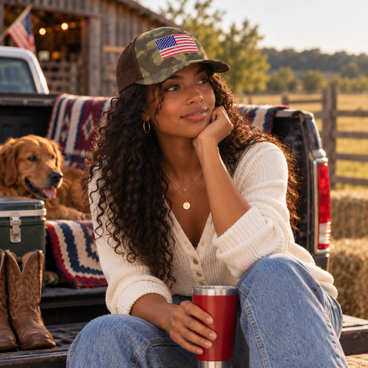 Flag Embroidered Camo Trucker Hat