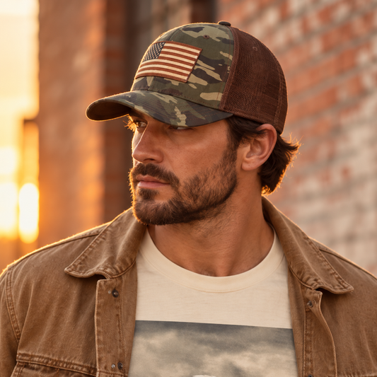Distressed Flag Embroidered Camo Trucker Hat