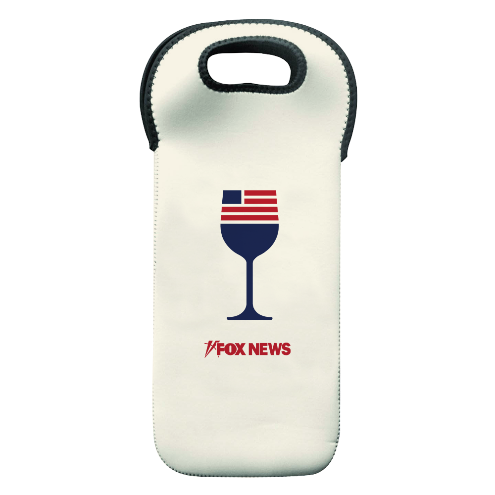 Official FOX News Wine Tote featuring the classic FOX News logo on a black insulated bottle carrier.