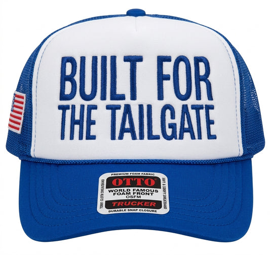 Front view of the navy OutKick Built For The Tailgate baseball cap with white and red embroidered lettering centered on the crown.