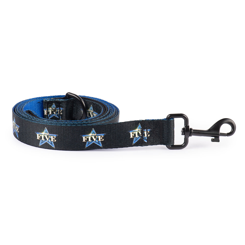 The Five logo pet leash displayed against a clean suburban home background.