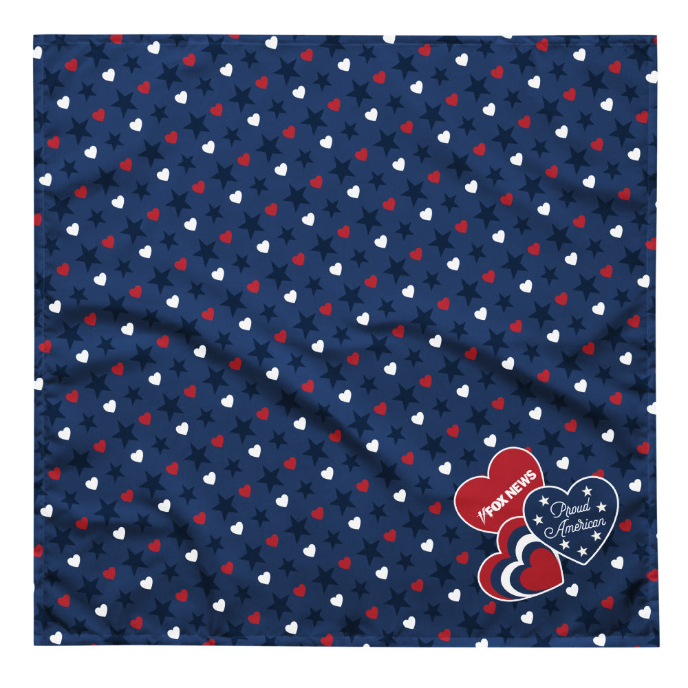 A patriotic FOX News Proud American bandana featuring a red, white, and blue hearts and stars pattern on a white background.