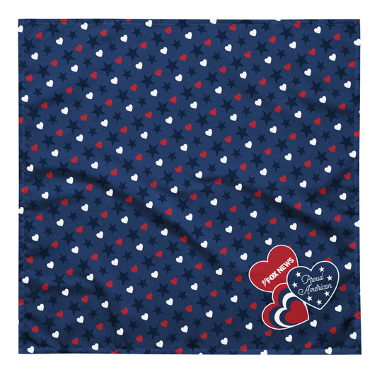 A patriotic FOX News Proud American bandana featuring a red, white, and blue hearts and stars pattern on a white background.