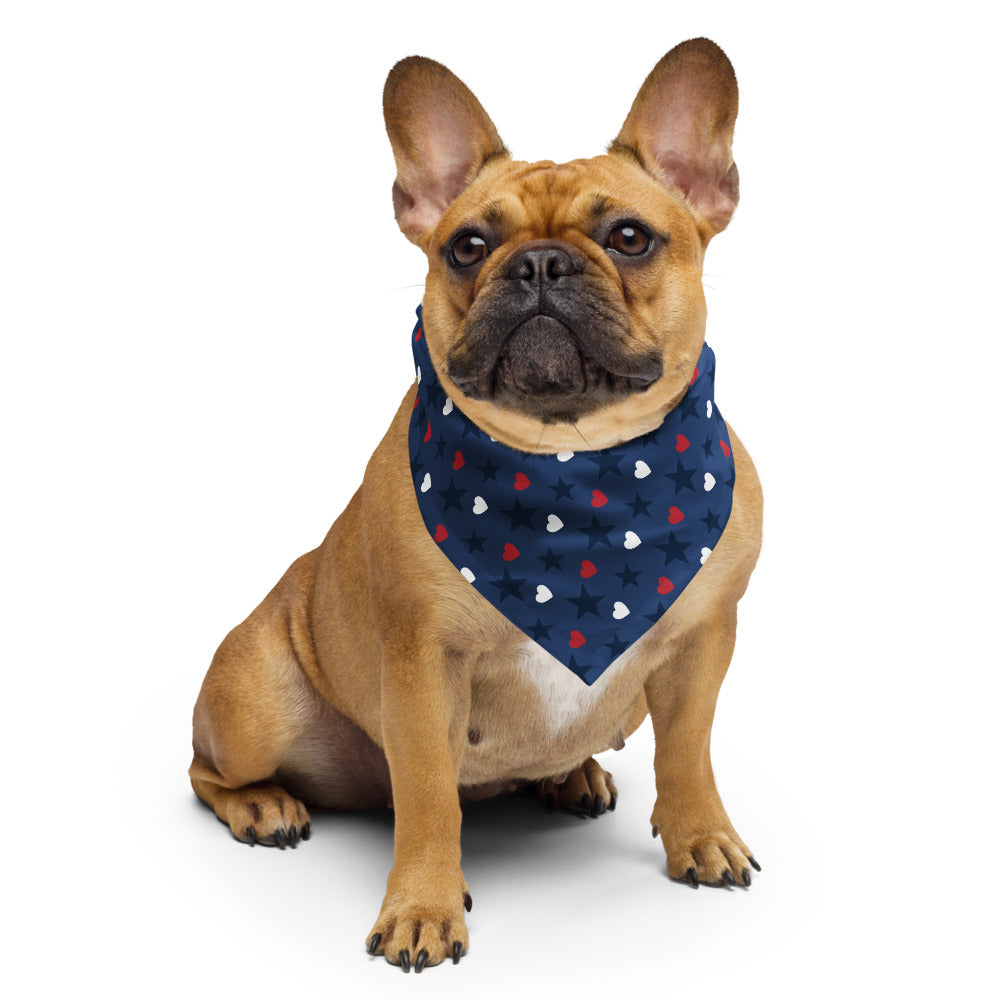 A loyal FOX News viewer using the Proud American Hearts and Stars bandana as a stylish neck accessory in a sunny outdoor setting.