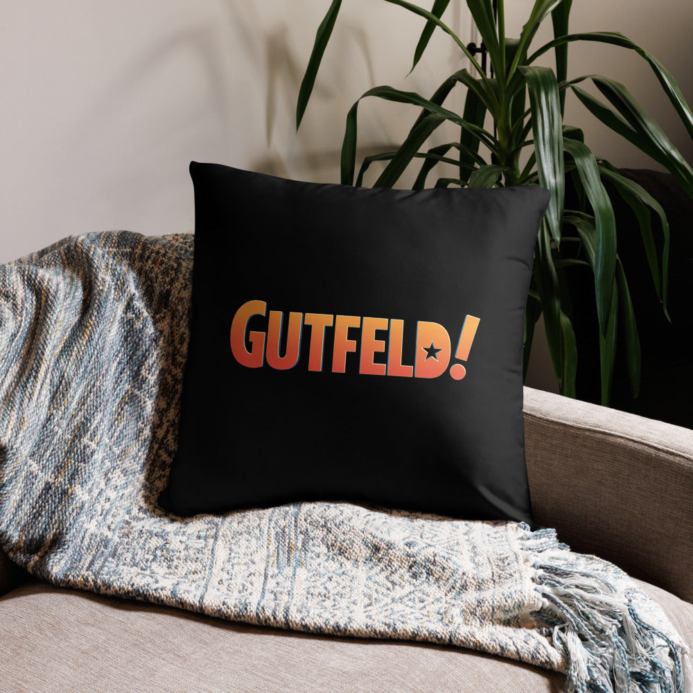 A crisp close-up of the Gutfeld! logo on a soft, high-quality throw pillow.