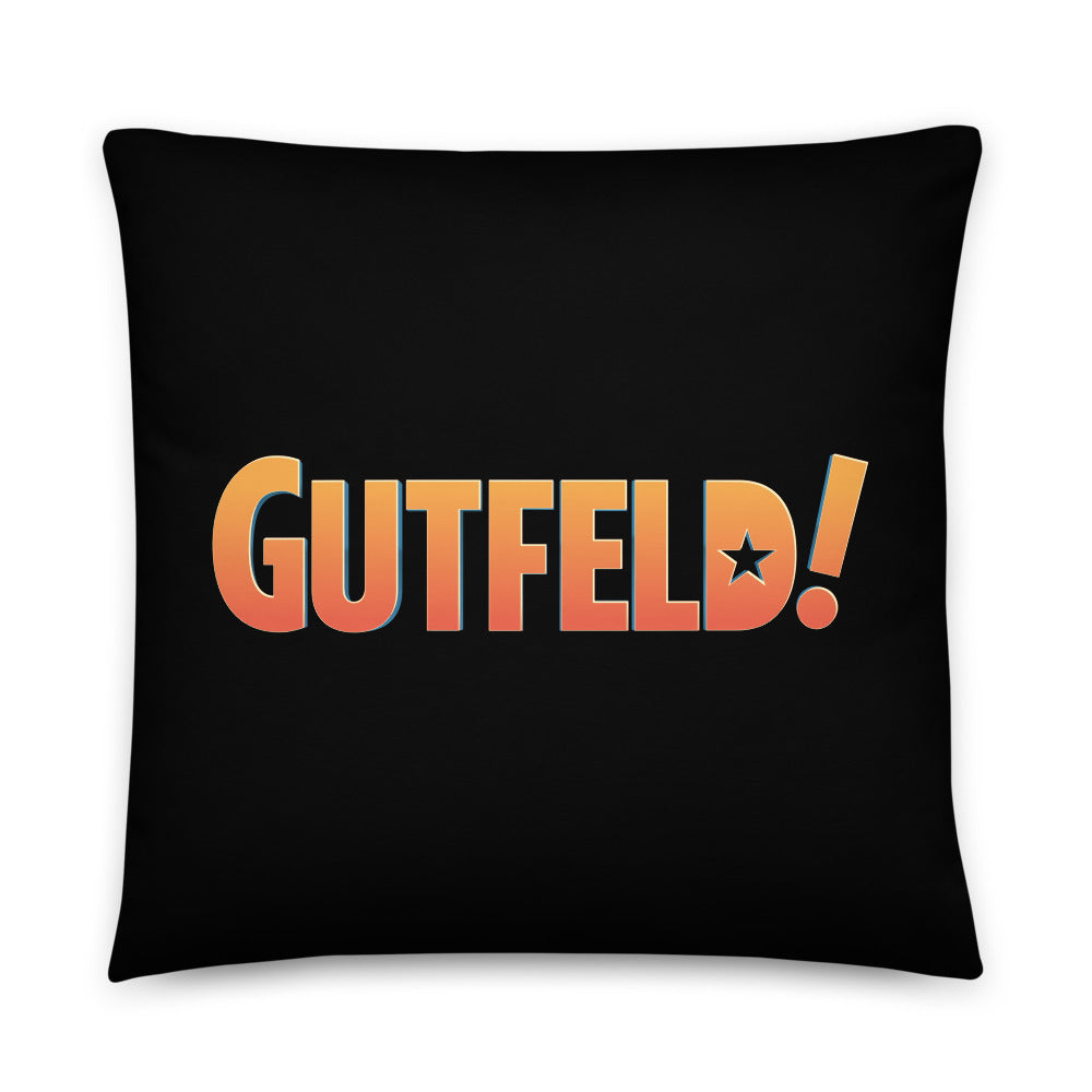 Official Gutfeld! Logo Throw Pillow resting on a clean, modern sofa in a suburban American living room.