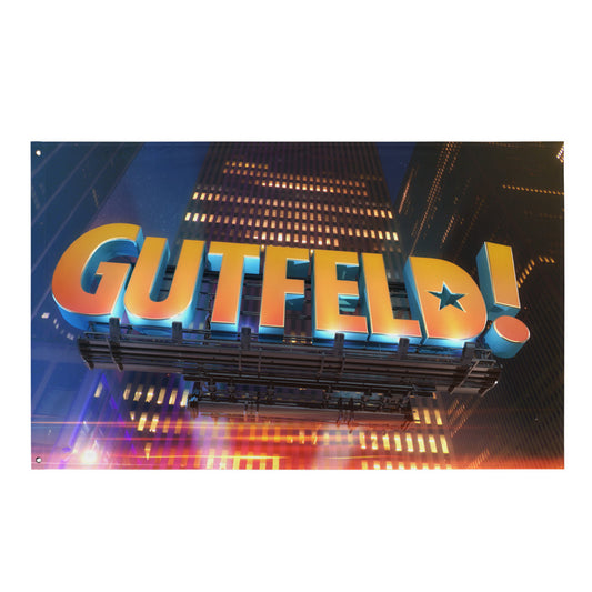 A bold Gutfeld! Logo Flag hanging on a clean white wall in a modern American home office.