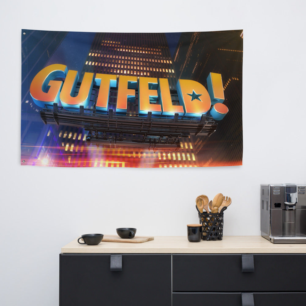 The official Gutfeld! Logo Flag displayed as a banner in a patriotic fan cave setting.