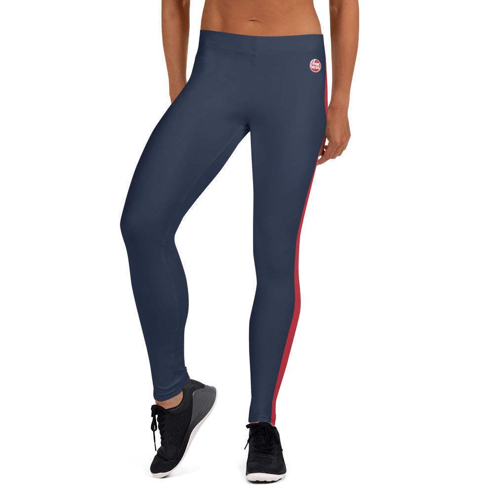 Full-length view of a woman wearing FOX News leggings while walking through a bright suburban neighborhood.