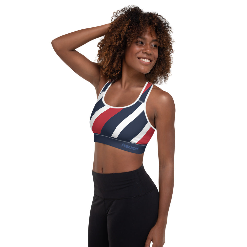 Close-up of the FOX News logo on the athletic fabric of the sports bra.