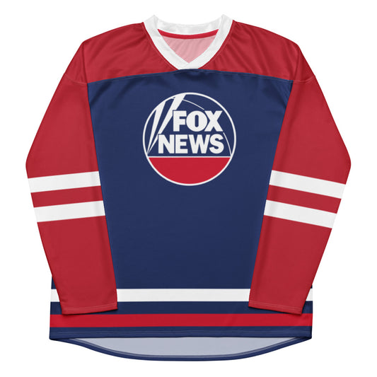 A crisp FOX News logo on a sports hockey fan jersey displayed in a bright American home setting.