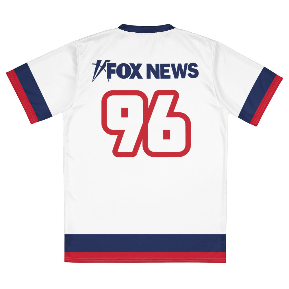 Close-up detail of the official FOX News logo cleanly printed on the front of the athletic sports jersey.