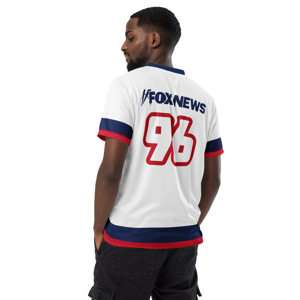 Back view of the FOX News logo sports jersey showcasing its comfortable athletic fit and clean white fabric.