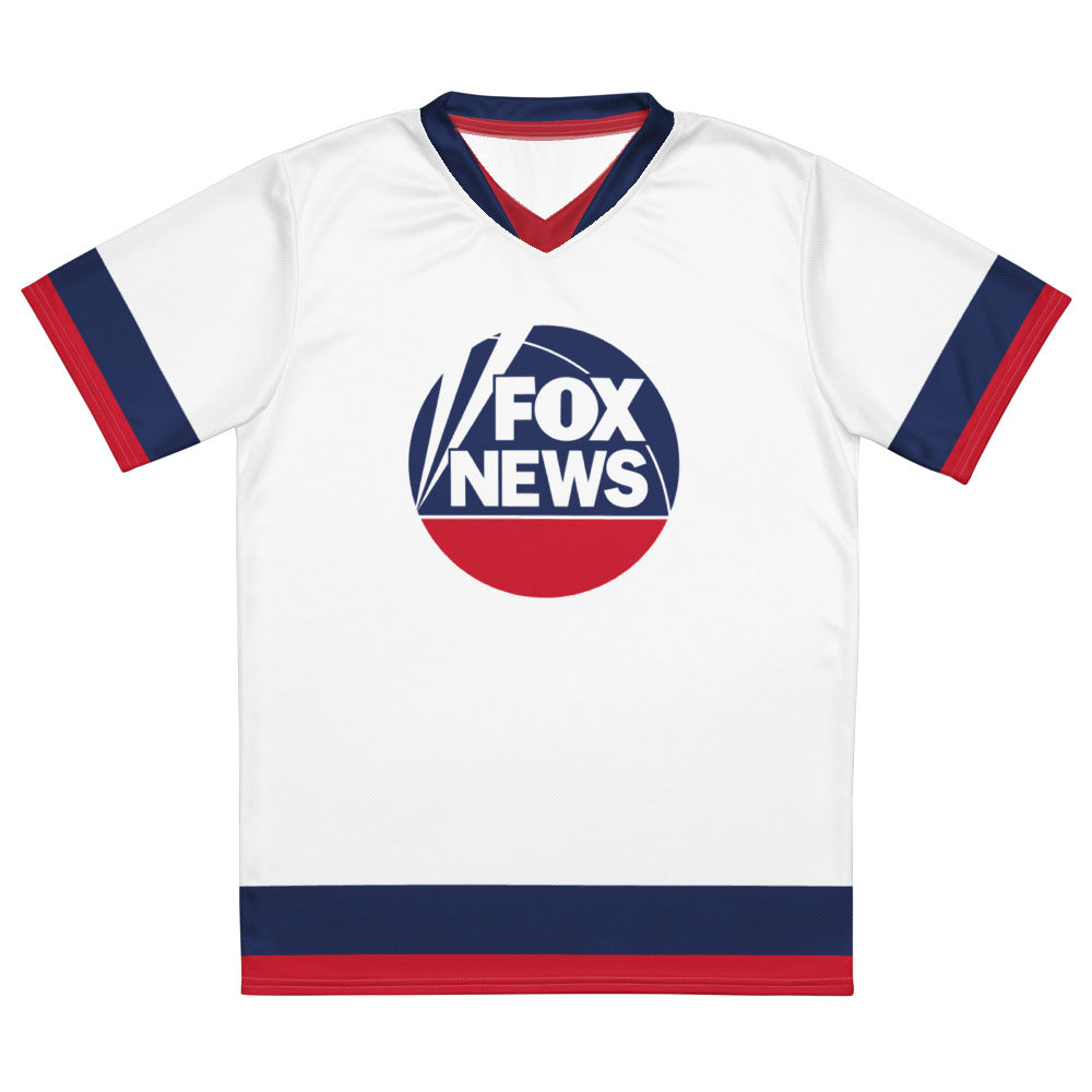 A patriotic American living room setting displaying the crisp white FOX News logo sports jersey.