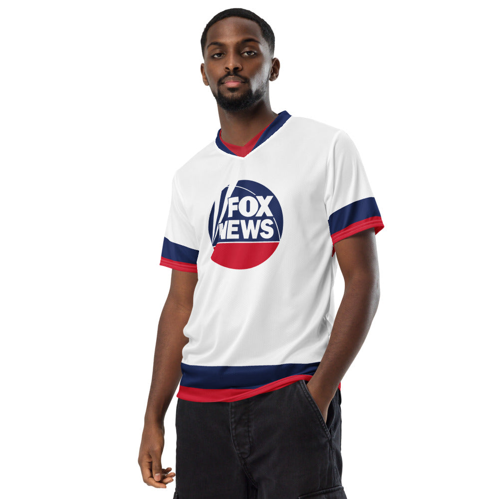 An outdoor backyard morning coffee setting featuring the unisex FOX News sports jersey.