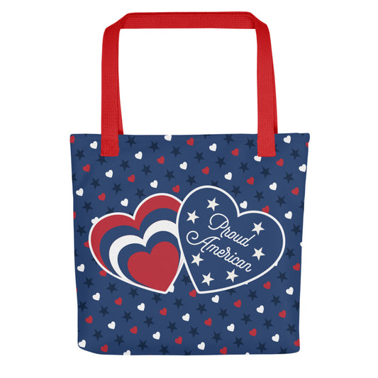 Close-up of the crisp FOX News logo and Proud American graphic on a durable tote bag with vibrant red handles.