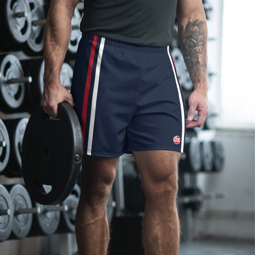 Front view of the unisex FOX News logo shorts showing the elastic waistband and performance stitching.