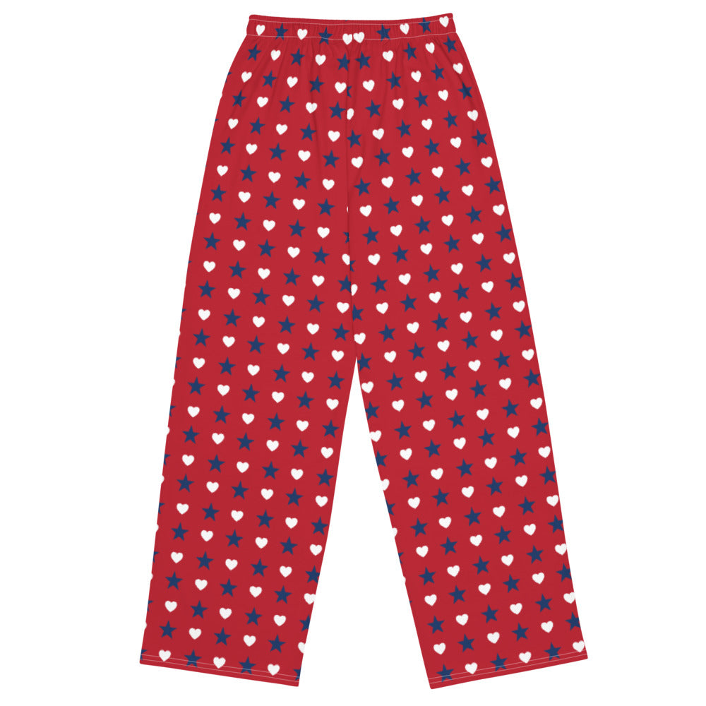 Close-up shot of the FOX News lounge pants highlighting the crisp red, white, and blue hearts and stars pattern.
