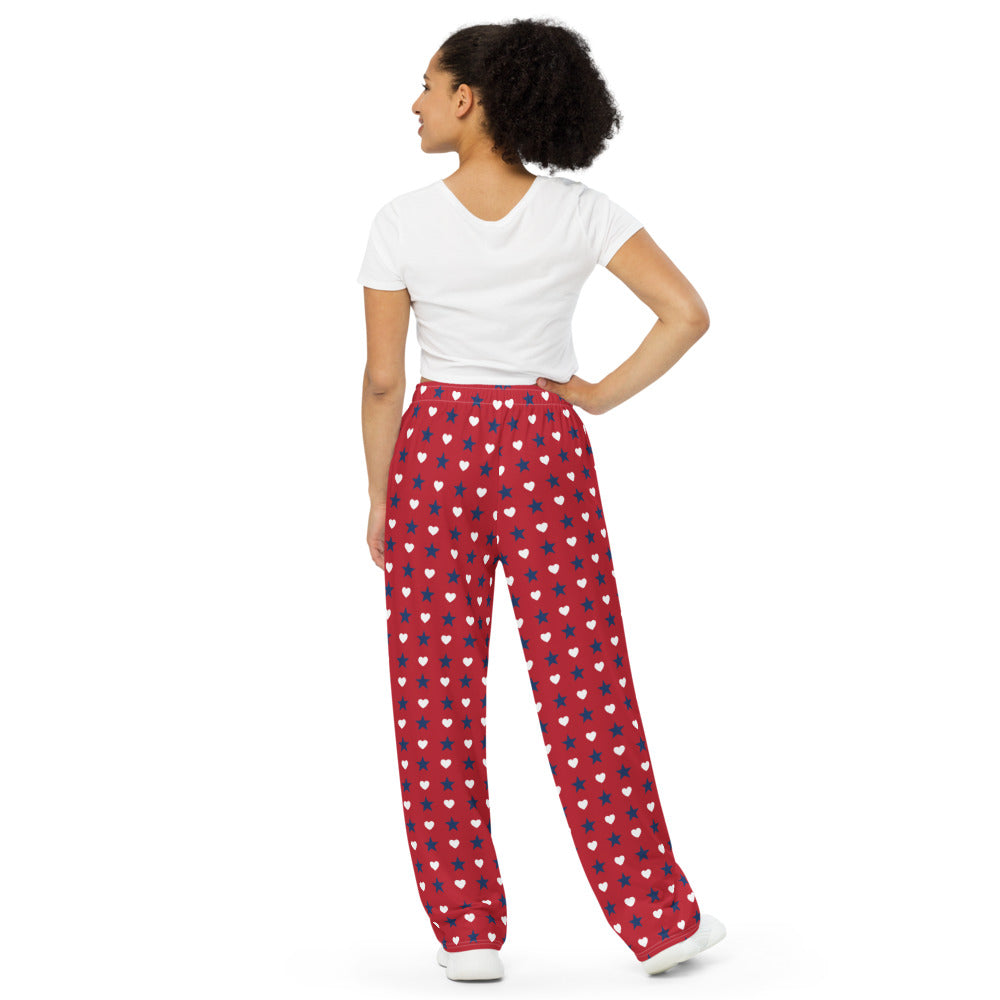 A neatly arranged stack of patriotic loungewear including the FOX News lounge pants in a bright, inviting indoor setting.