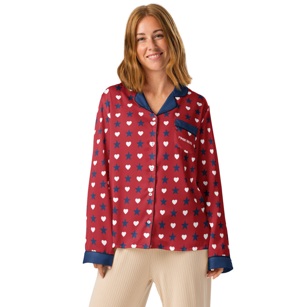 A clean flat lay view of the women long sleeve pajama shirt showcasing its soft fabric and patriotic color palette.