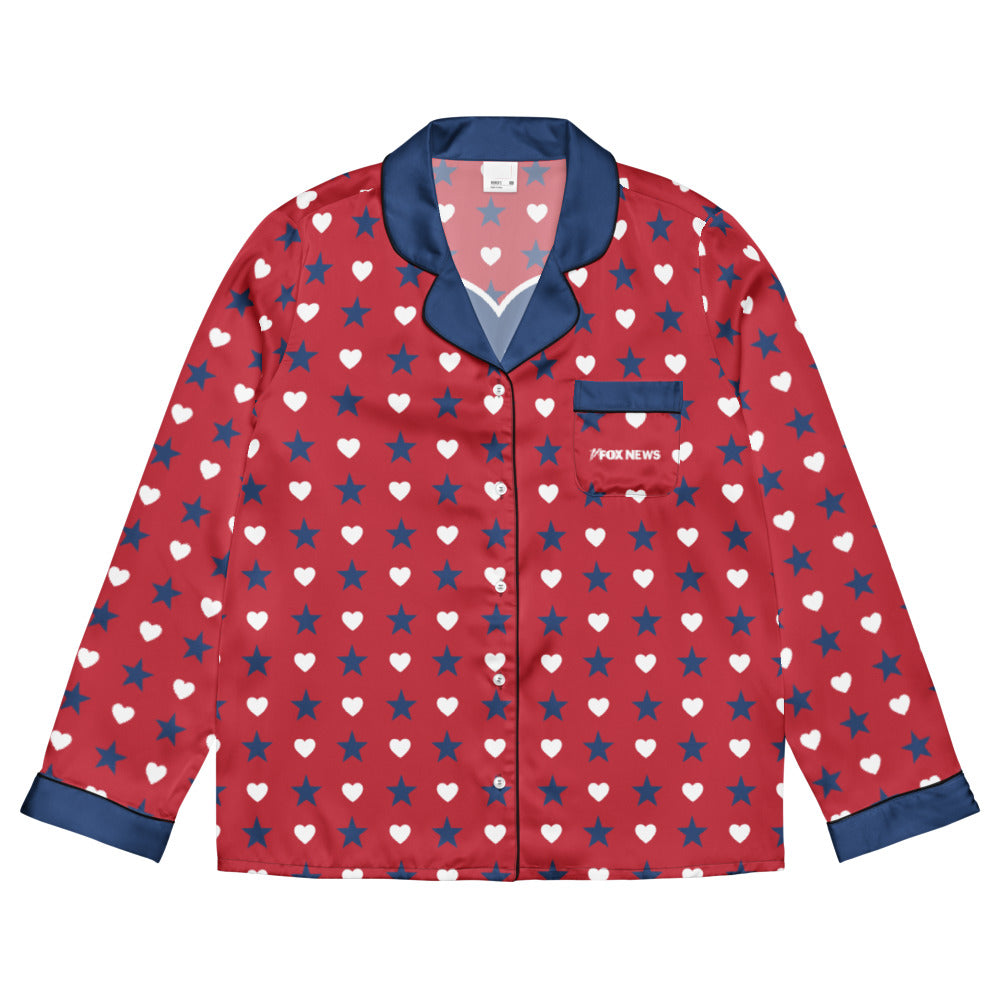 A close-up shot of the FOX News Proud American pajama top highlighting the crisp hearts and stars graphic and the official FOX News branding.