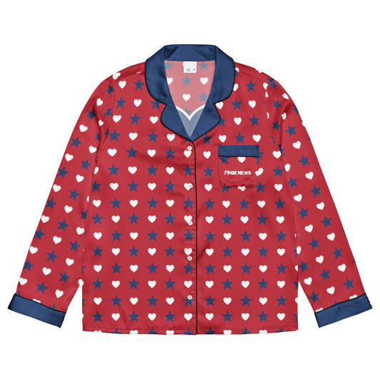 A close-up shot of the FOX News Proud American pajama top highlighting the crisp hearts and stars graphic and the official FOX News branding.