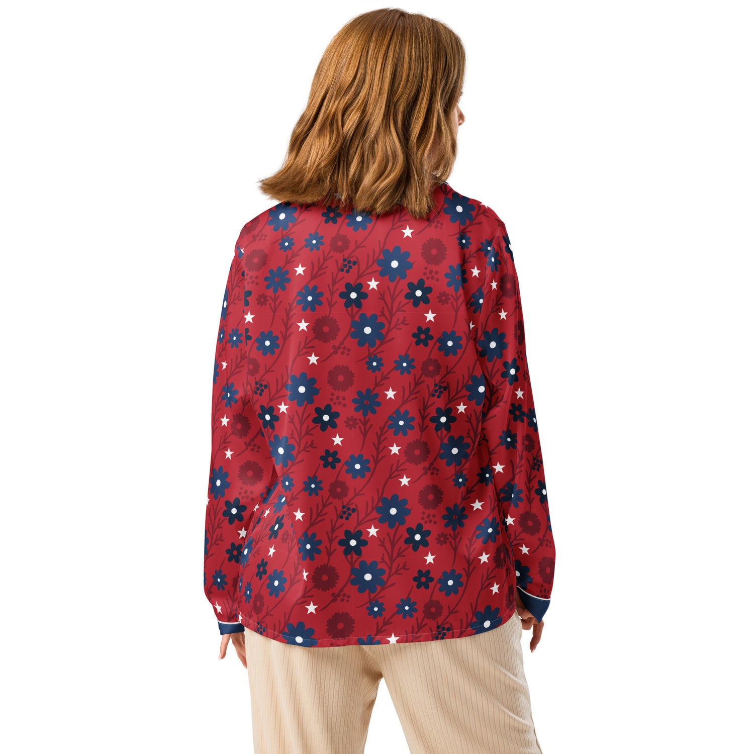 Close-up detail of the *FOX News* logo and the *Proud American* Mom text graphic on the pajama shirt.