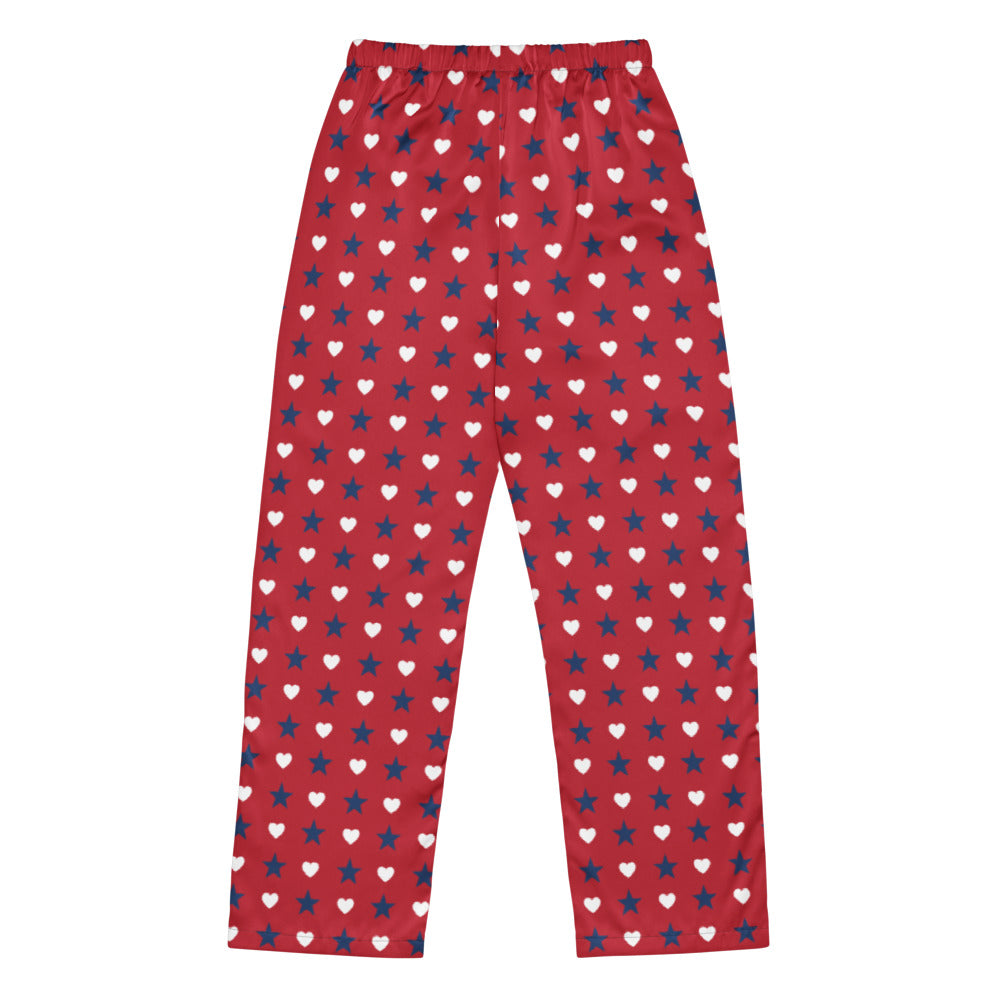 Close-up shot of the FOX News patriotic hearts and stars graphic pattern on the women lounge pants.