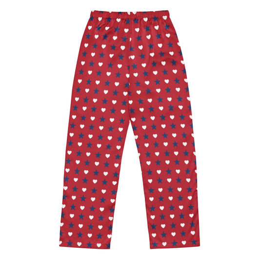 Close-up shot of the FOX News patriotic hearts and stars graphic pattern on the women lounge pants.