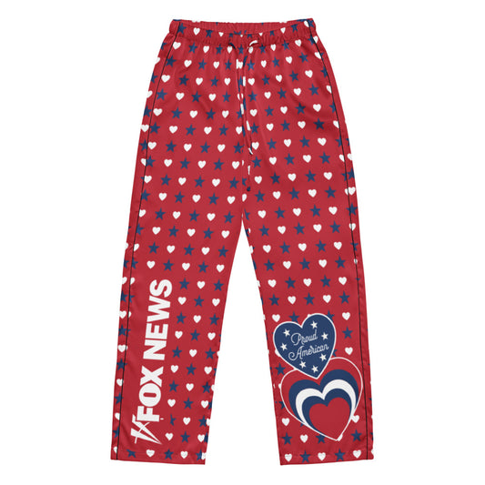 A modern American living room featuring a pair of FOX News Proud American pajama pants neatly folded on a comfortable couch.