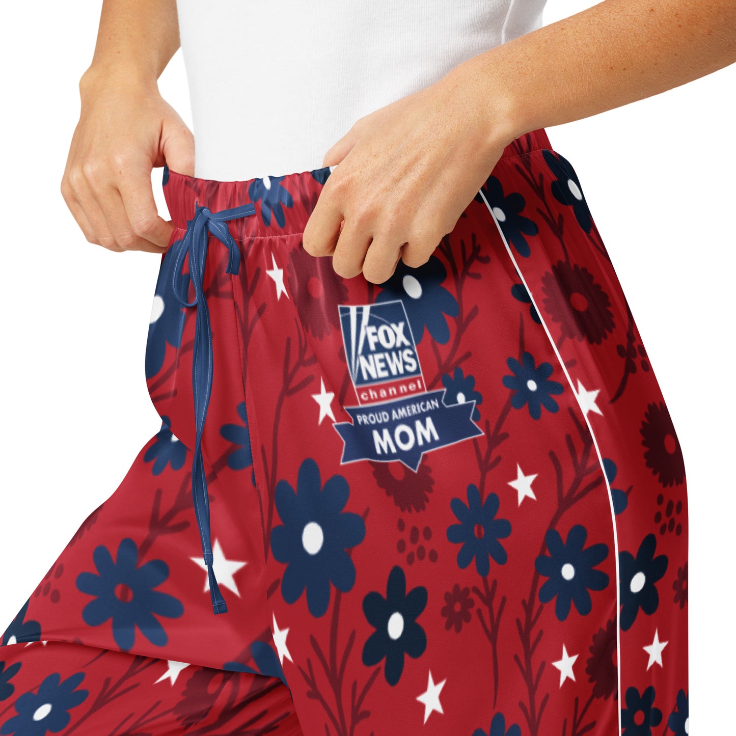 Full view of the women's fit FOX News pajama pants showcasing the elastic waistband and high-quality print.