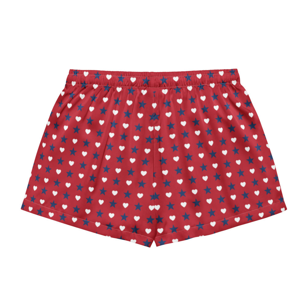 Close-up view of the vibrant hearts and stars graphic on the FOX News pajama shorts, showcasing crisp patriotic details.