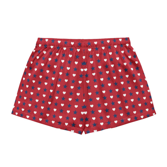 Close-up view of the vibrant hearts and stars graphic on the FOX News pajama shorts, showcasing crisp patriotic details.