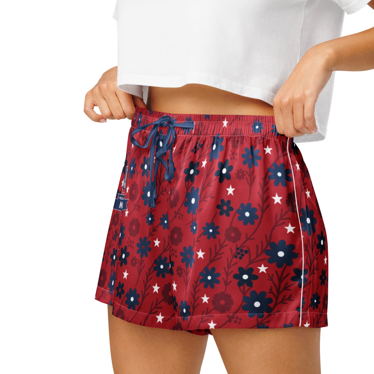 A comfortable lifestyle setting showing the pajama shorts in a modern American bedroom.