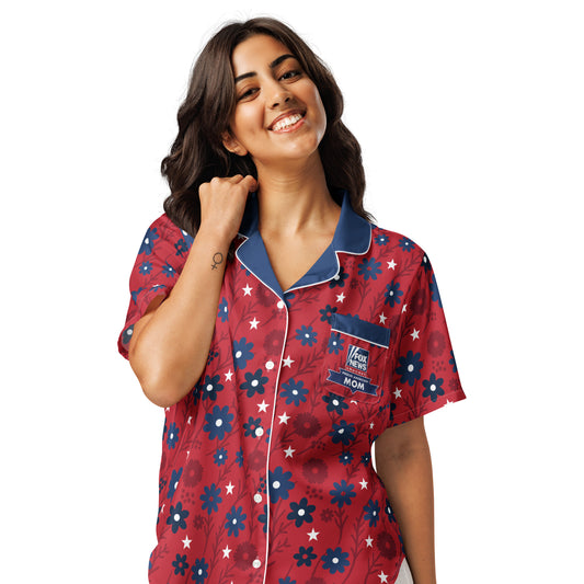 A close-up shot highlighting the crisp Proud American Mom graphic on the FOX News pajama top.