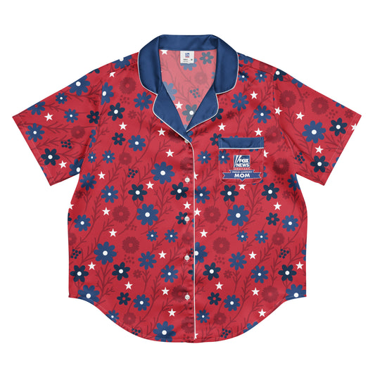A modern American living room setting featuring the FOX News Proud American Mom short sleeve pajama top neatly displayed.