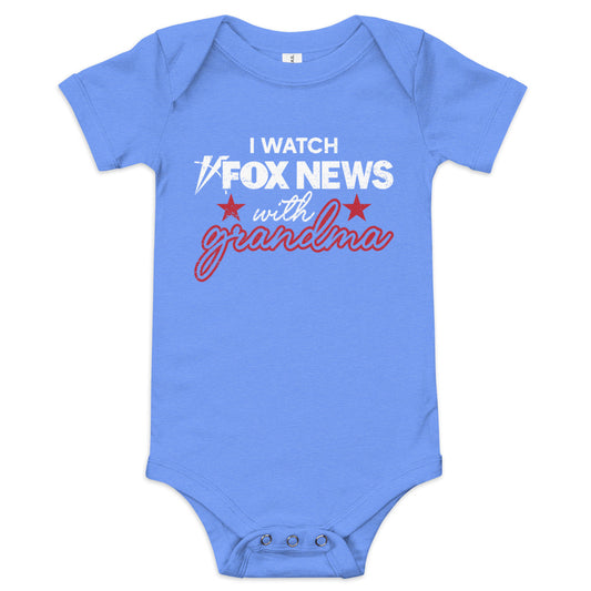 Close up of the crisp FOX News logo and blue text graphic on a soft heather grey baby one-piece.