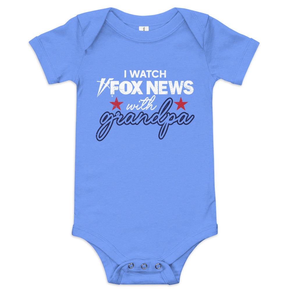 Close-up of the high-quality graphic print on an Athletic Heather FOX News infants one-piece creeper.