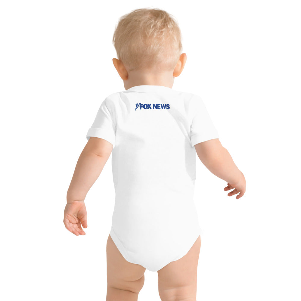 Detailed view of the snap closures on the bottom of the FOX News baby romper.