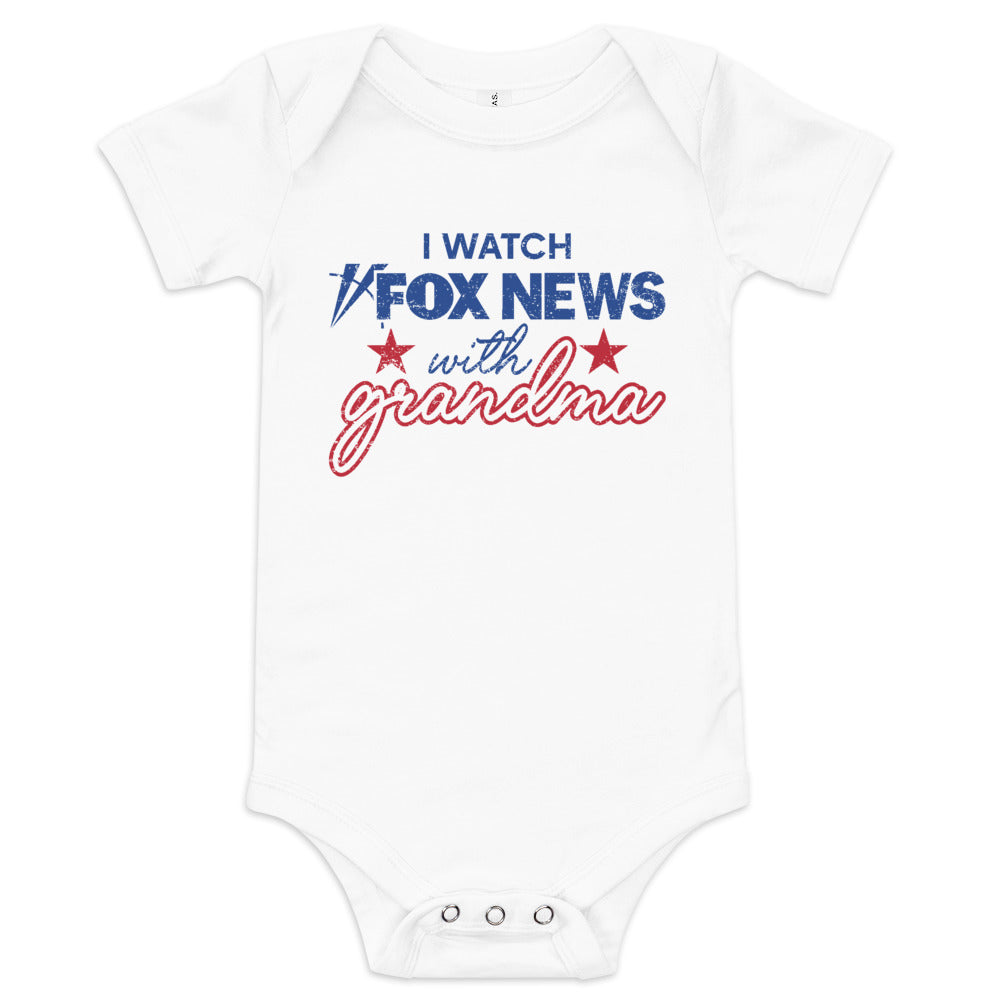 A baby bodysuit featuring the I Watch with Grandma design displayed in a tidy suburban home setting.