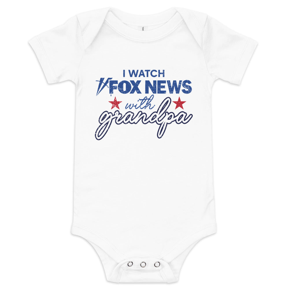 A Heather Columbia Blue baby bodysuit with the FOX News branding displayed on a white background, highlighting its patriotic design.