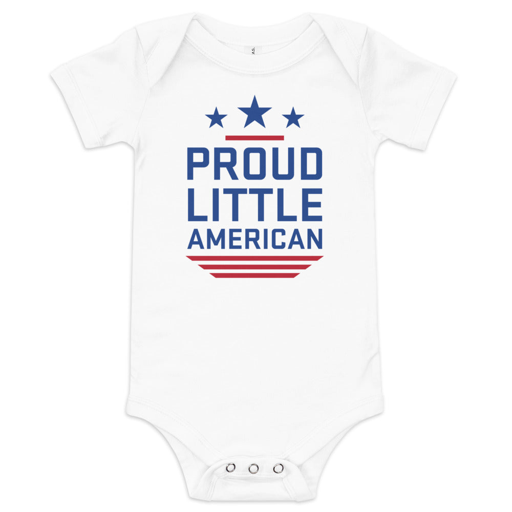 A baby lying on a soft blanket wearing the FOX News Proud Little American infant one-piece.